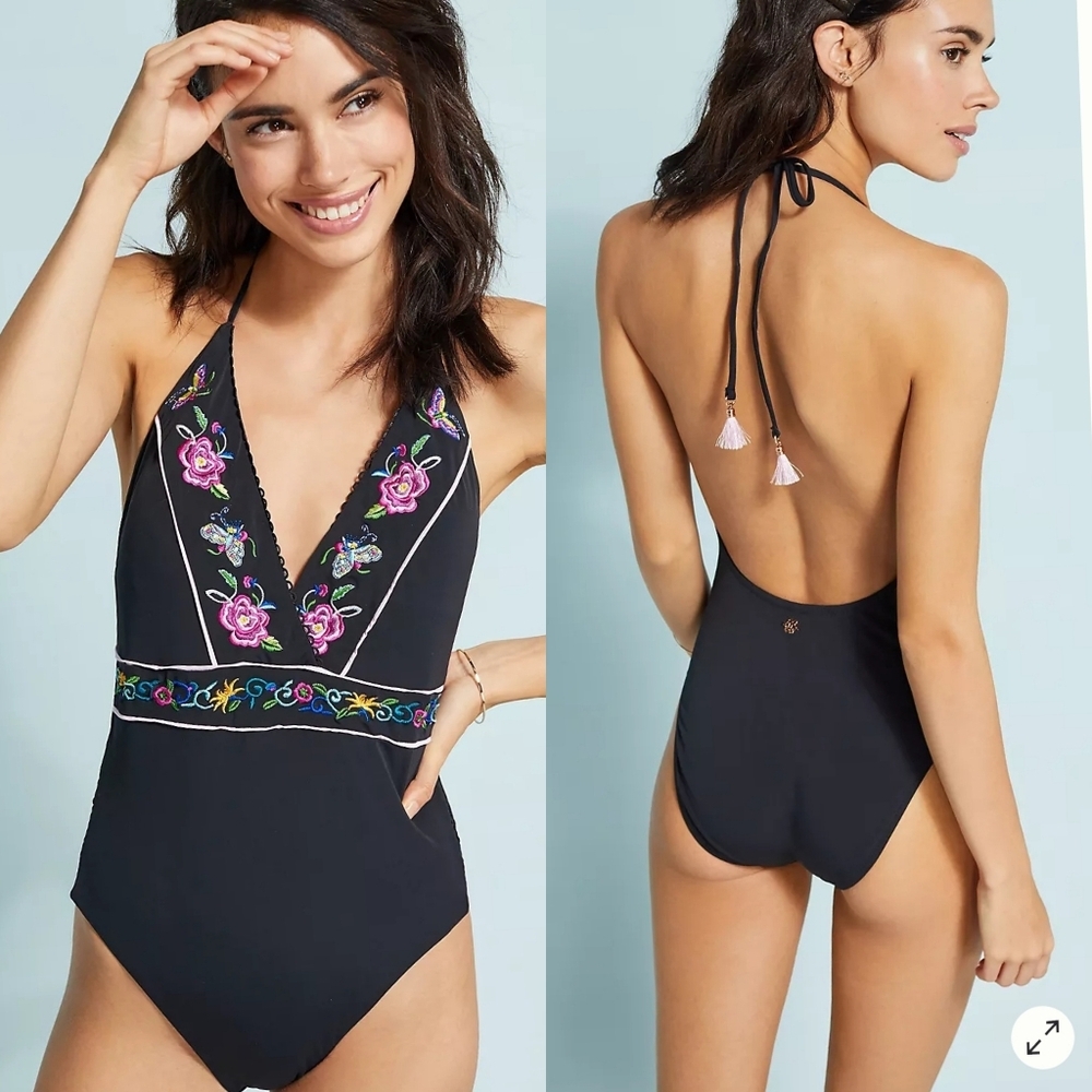 Anthropologie Nanette Lepore Womens Black Embroidered One-pice Swimsuit